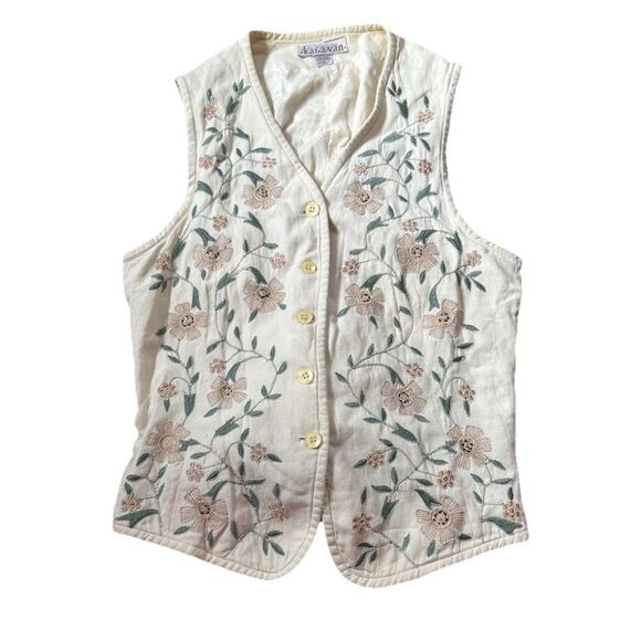 Vintage Medium Ivory Indian Vest Embroidered Flowers Boho - Picture 1 of 3